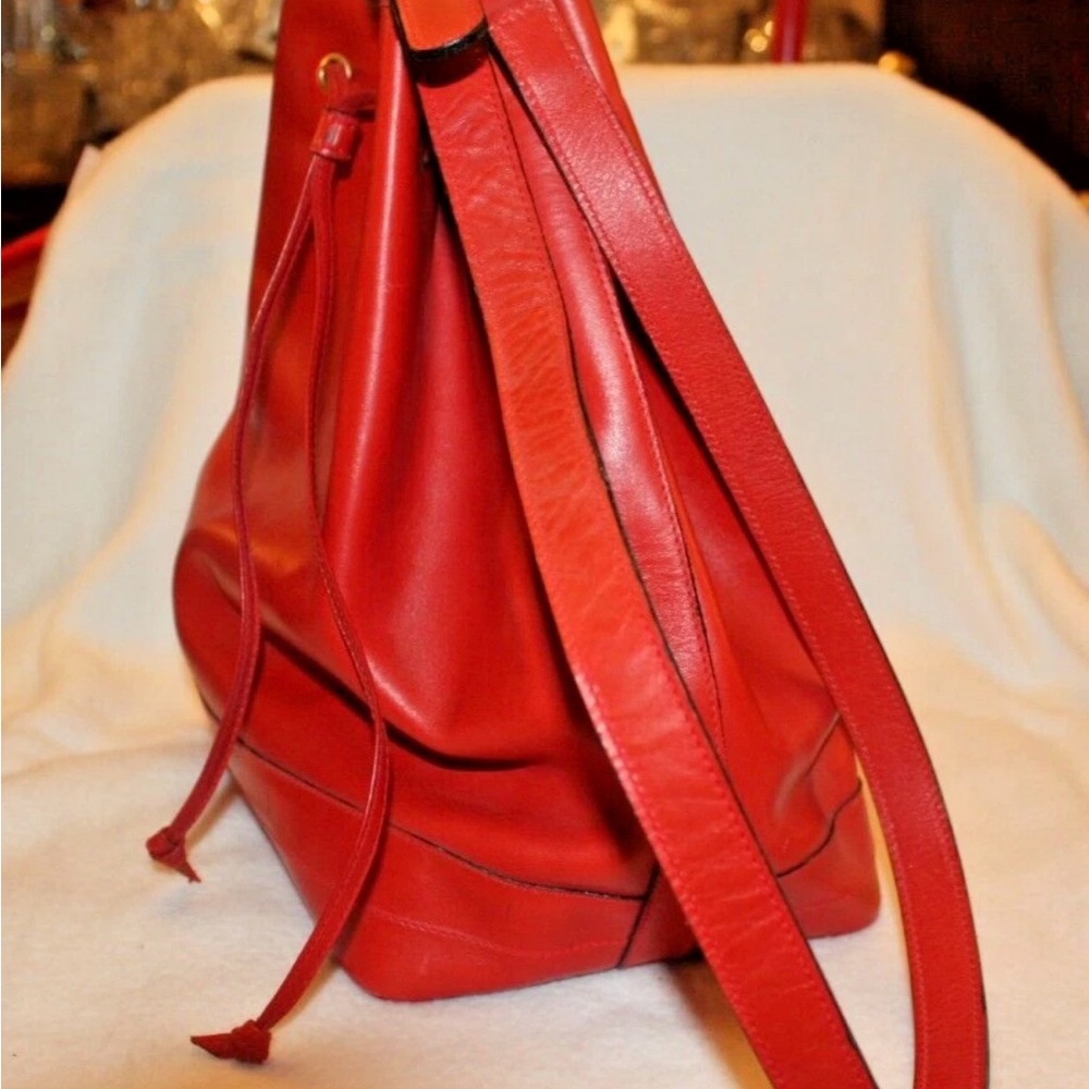 Red Leather Drawstring Bucket Bag - Picture 8 of 9